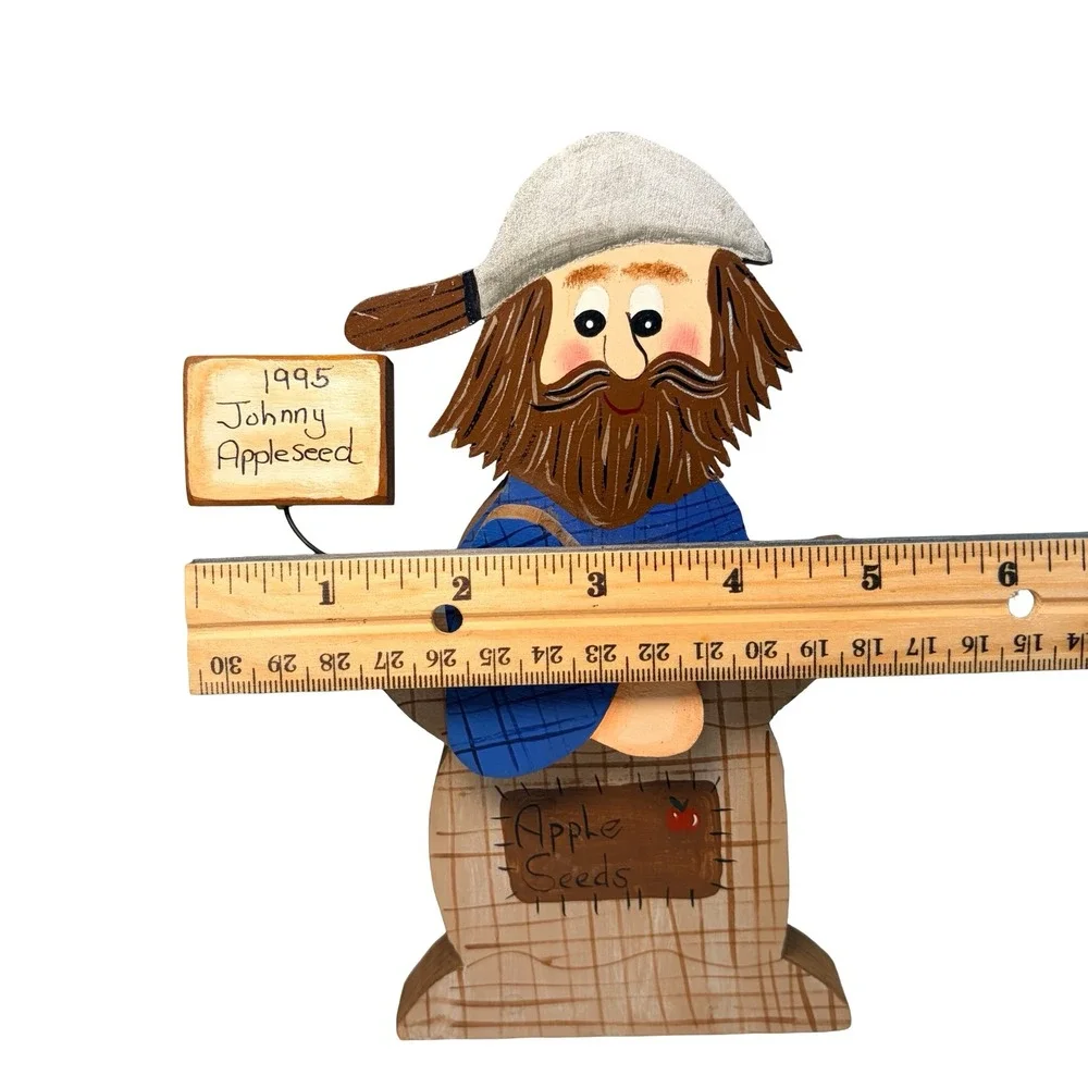 Vintage 1995 Johnny Appleseed Hand Painted Wood Folk Art Wall Decor Signed 7" - Picture 10 of 10